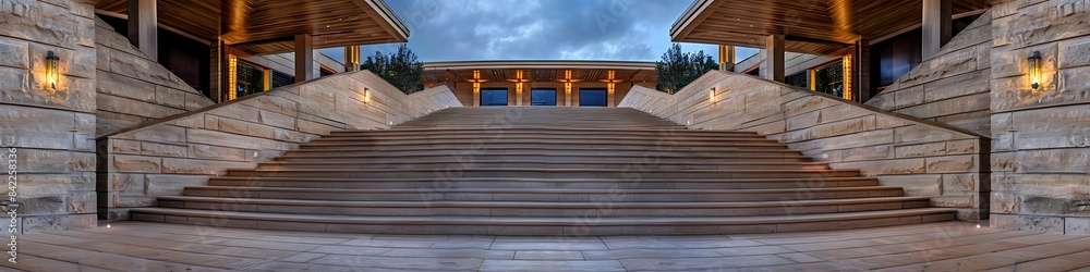A panoramic view of a luxury home's entrance, with a wide, open staircase flanked by smooth stone walls and embedded lights highlighting the path A panoramic view of a luxury home's entrance, with a wide, open staircase flanked by smooth stone walls and embedded lights highlighting the path