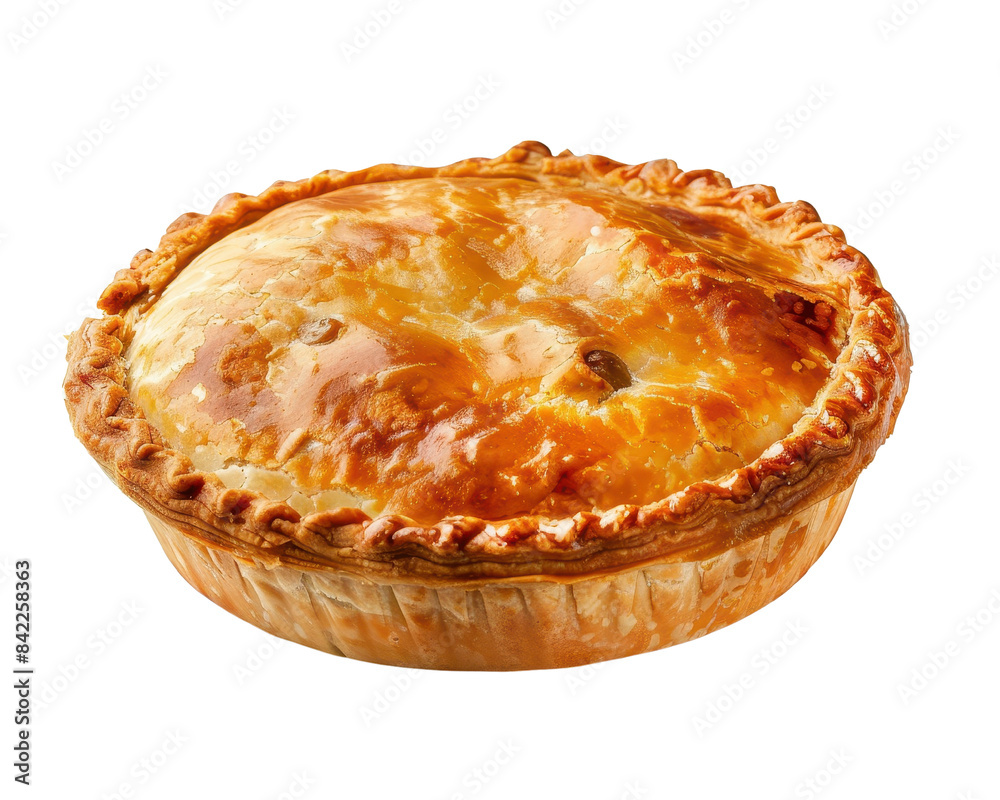 Golden brown, freshly baked pie with a flaky crust. Perfect for dessert, showcasing delicious homemade pastry in a rustic style.