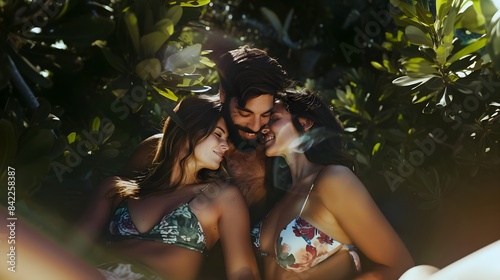 Polyamorous relationship between two women and one man, illustrating love and pride in a bisexual and lesbian inclusive threesome (Generative AI)