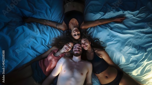 Polyamorous relationship between three women and one man, illustrating love and pride in a bisexual and lesbian inclusive foursome (Generative AI)