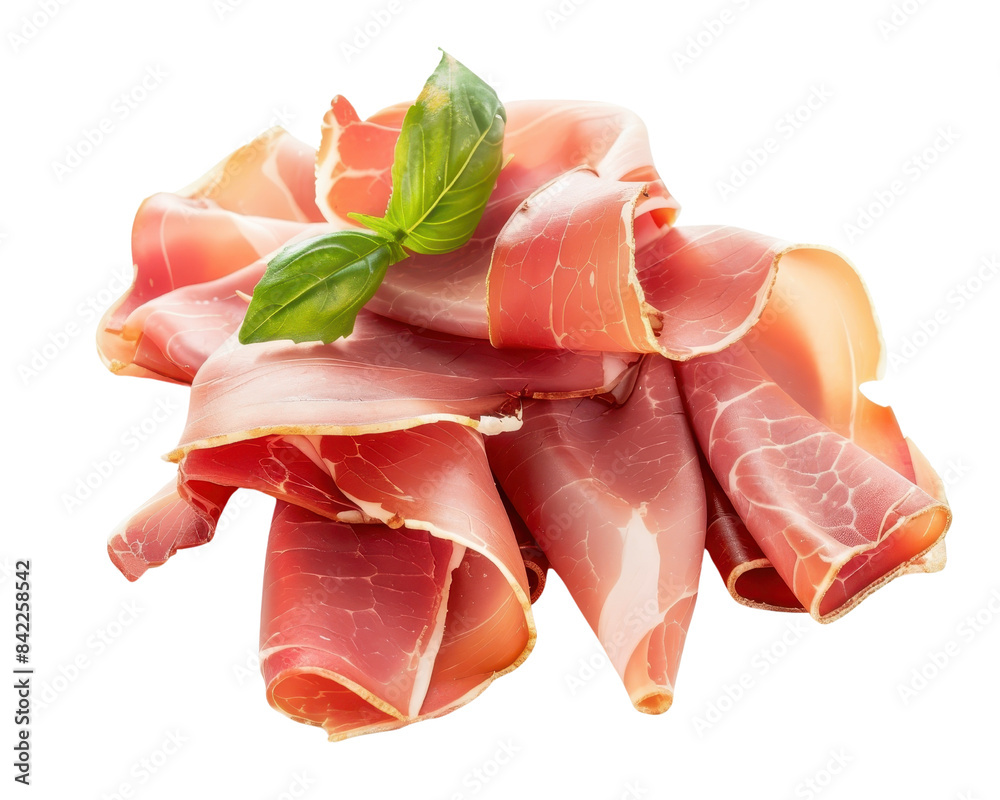 Slices of prosciutto ham garnished with fresh basil leaves. Perfect for culinary, recipe, or food photography projects. Slices of prosciutto ham garnished with fresh basil leaves. Perfect for culinary, recipe, or food photography projects.