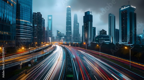 Traveling Fast On The Highway In A Futuristic Cyberpunk City Landscape (Generative AI)
