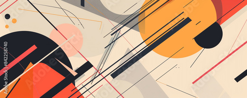 A dynamic composition of abstract shapes and lines, arranged in a visually compelling sixties-inspired layout.