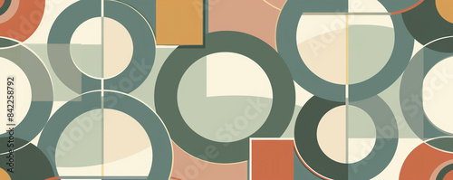 A mid-century inspired abstract vector pattern with concentric circles and overlapping squares in muted tones.