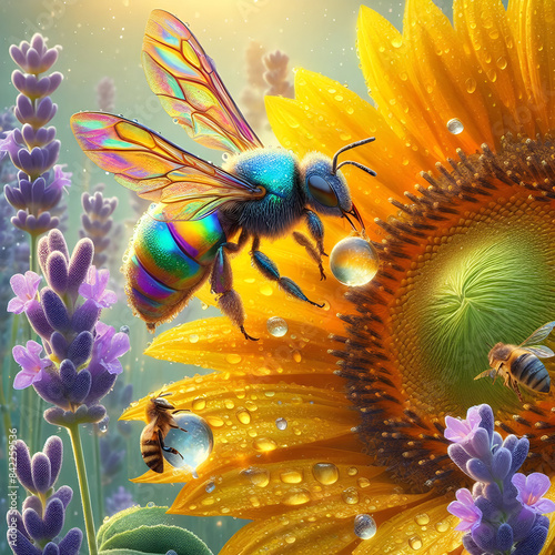 Bee Pollinating Sunflower in Full Bloom,Sunflower Scene Bee Enjoying Nectar,Beautiful Bee on Bright Sunflower Flower.