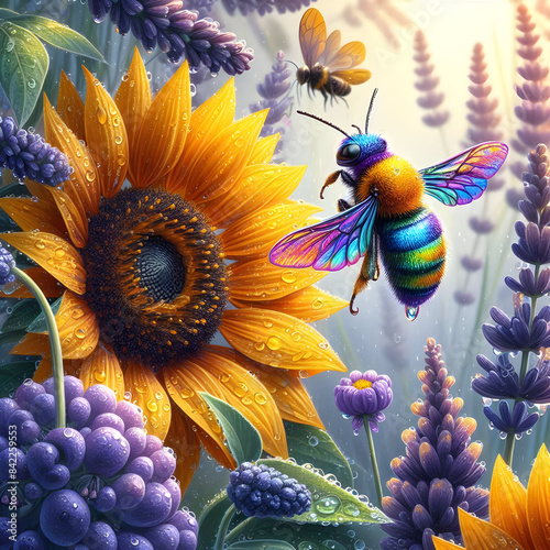 Vibrant Bee Resting on Sunflower Petal,Colorful Bee Perched on Sunflower Blossom.