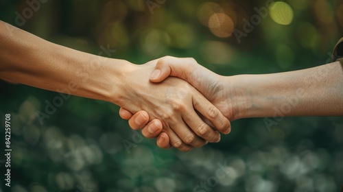 Two people of any race, gender, or religion shaking hands with a lush green background.