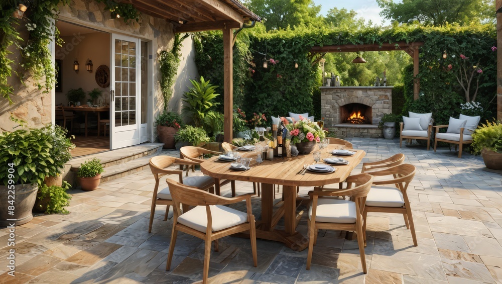 Fototapeta premium Outdoor Dining Patio with Fireplace and Greenery