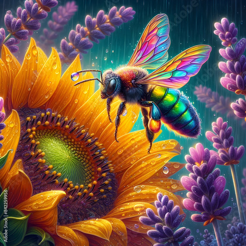 A colorful bee is sitting on a sunflower flower.