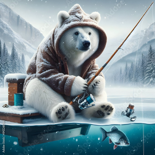 A white bear holding a fishing stick is hunting for fish.