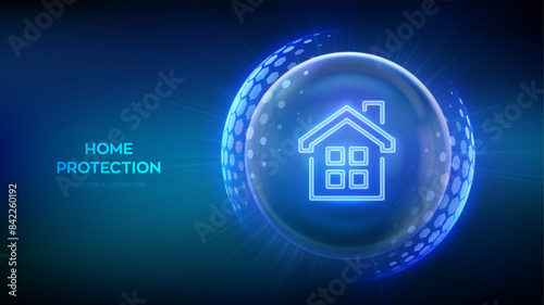 Home security protection. Home Insurance concept. Real estate insurance. Glass transparent sphere shield with surface of hexagons with House icon illustrates Home Insurance. Vector illustration.