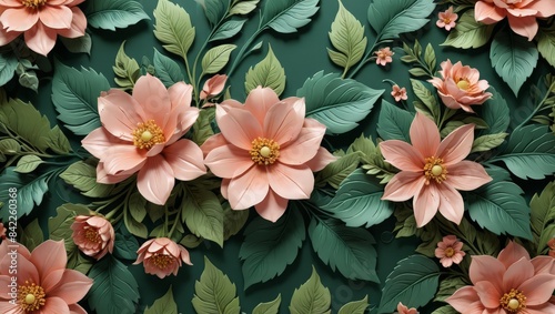 Pink Paper Flowers on Green Leaves Background