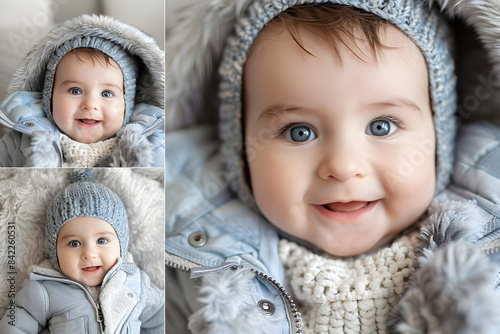 Collage photo of a sweet, lovely baby looking into the camera with joy and smiling.