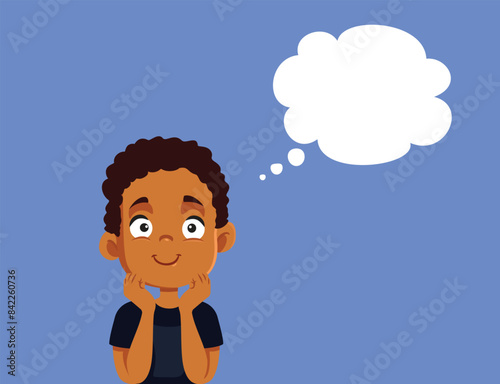 Little Boy of African Ethnicity with Thinking Bubble Vector Illustration. Happy little child feeling positive but melancholic 
