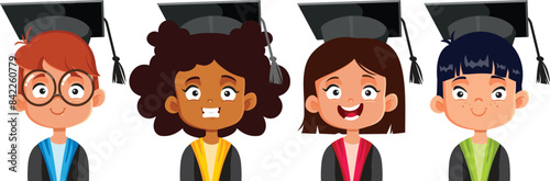 Happy Graduation Kids Smiling Together Vector Illustration. Kids graduate from kindergarten growing up so fast 
