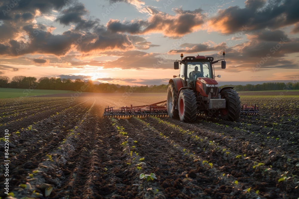 Agricultural scene - a tractor plowing the field, turning the soil for the new planting season, enhancing crop growth, and contributing to sustainable farming practices.