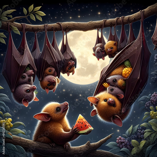 Nocturnal Bats Hanging on Tree Branch at Night,Enchanting Moonlit View of Bats on Tree.