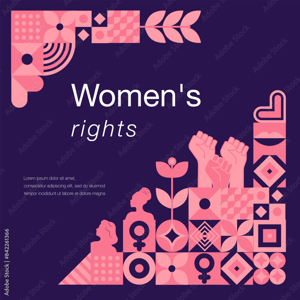 Women's equality day.Geometric template dedicated to women's history month.Feminism concept. Template for background, banner, postcard, poster.