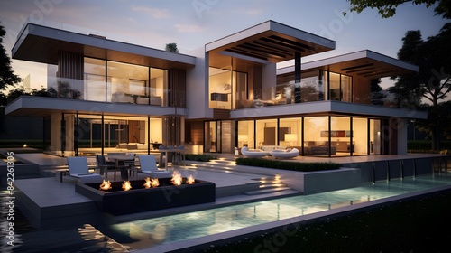Luxury modern house with swimming pool and outdoor deck at dusk