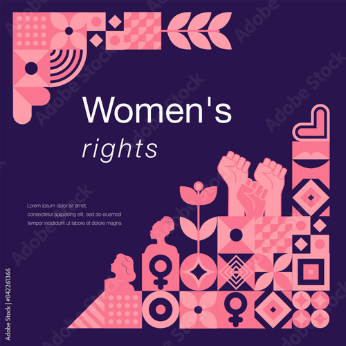 Women's equality day.Geometric template dedicated to women's history month.Feminism concept. Template for background, banner, postcard, poster.