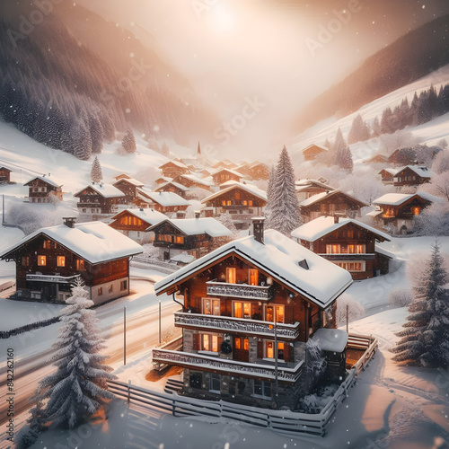 Village in the Heart of Snowy Mountains,Serene Snowy Mountain Settlement.
