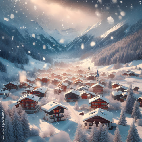 Picturesque Settlement Amidst Snowy Mountains,Beautiful Place Nestled in Snow Capped Peaks.
