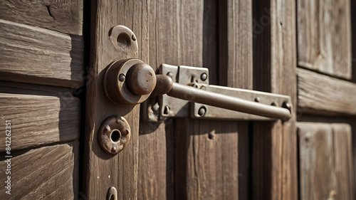A close-up shot of a weathered silver metal door latch on an aged wooden door, shining
