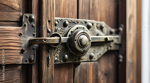 A close-up shot of a weathered silver metal door latch on an aged wooden door, shining
