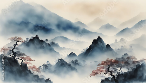 Japanese painting of a mountain scenery in watercolor, showcasing Chinese or Japanese blue mountains. The landscape is serene, with mist enveloping the peaks