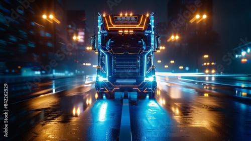 Futuristic neon truck on a rainy night photo