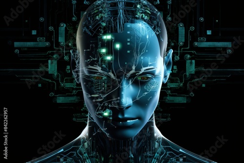 futuristic design of an android head, with visible wires, connections, and nodes. the cybernetic elements are meticulously integrated, portraying a technological marvel and the convergence of human