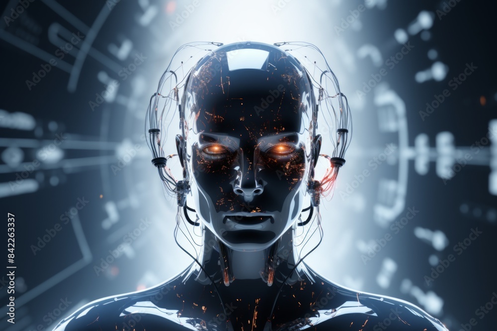 futuristic design of an android head, with visible wires, connections, and nodes. the cybernetic elements are meticulously integrated, portraying a technological marvel and the convergence of human futuristic design of an android head, with visible wires, connections, and nodes. the cybernetic elements are meticulously integrated, portraying a technological marvel and the convergence of human