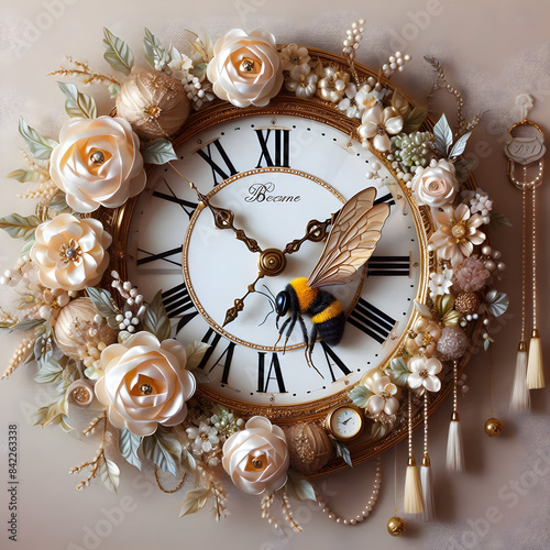 Delightful Wall Clock with Bee and Blossoms,Unique Wall Clock Featuring Bee and Flowers.

