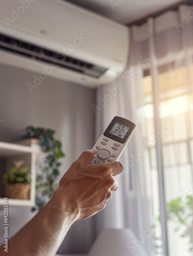 Manipulating air conditioner with remote control in hand. photo