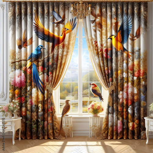 Colorful birds are perched on the curton of the window of a beautiful house and some birds sit on window.