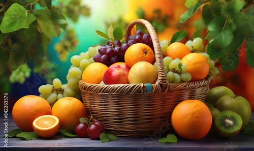 Basket with berries fruits and citrus fruits on a bright background