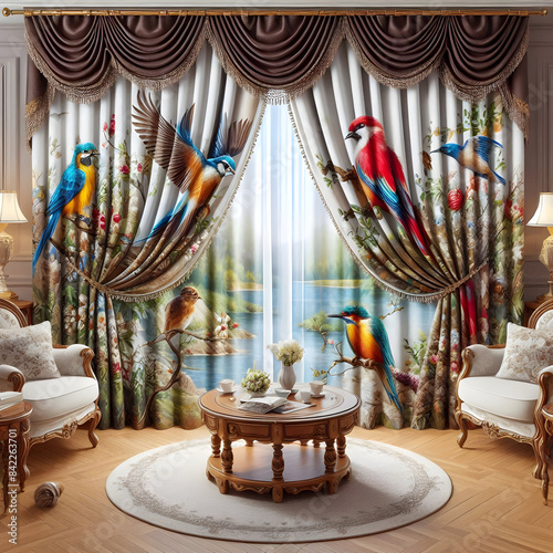 Beautiful wallpaper made on the wall of the house with colorful birds sitting on the curtain.
