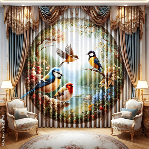Beautiful wallpaper made on the wall of a house with colorful birds and curton on top.