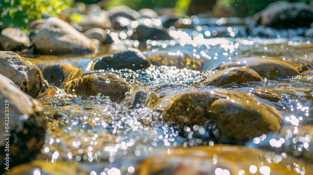 Clear, pristine water flowing effortlessly over polished rocks in a shallow stream. Natural purity concept Clear, pristine water flowing effortlessly over polished rocks in a shallow stream. Natural purity concept