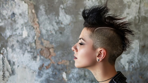 A striking image of an attractive female with a mohawk hairstyle and vibrant cosmetics.