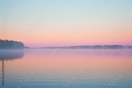 Peaceful dawn at a tranquil lake with mist gently rising from still water. Serene landscape concept