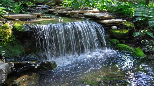 Delicate waterfalls cascading amidst a serene forest with lush greenery. Natural tranquility concept