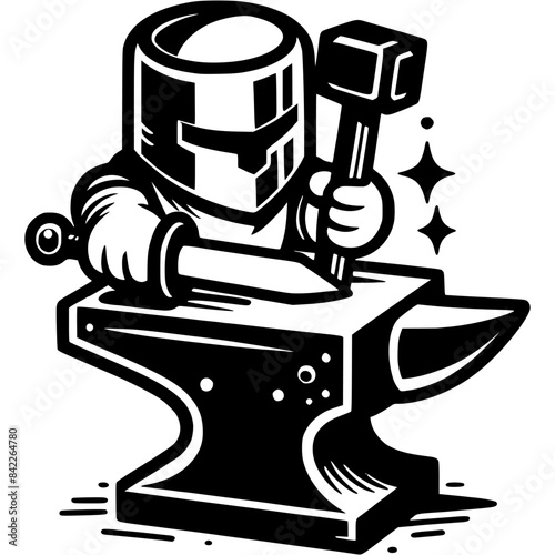 Medieval blacksmith forges sword on anvil in marten in monochrome. Production of medieval weapons. Simple minimalistic vector in black ink drawing on transparent background