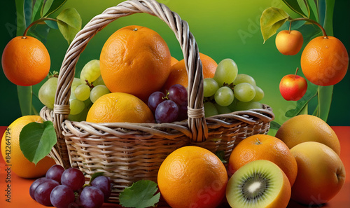 Basket with berries fruits and citrus fruits on a bright background