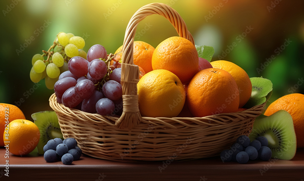 Basket with berries fruits and citrus fruits on a bright background Basket with berries fruits and citrus fruits on a bright background