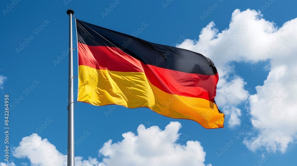 German flag flying on pole against blue sky. German flag flying on pole against blue sky.