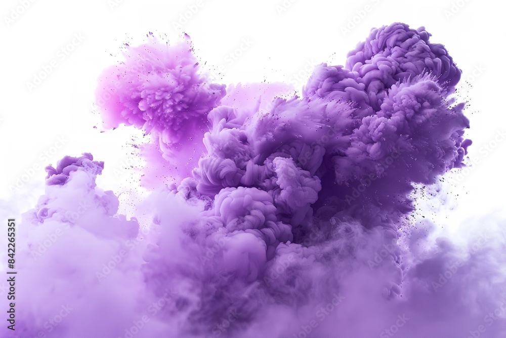Fototapeta premium Explosion of purple smoke powder isolated on a white backdrop. Generative Ai