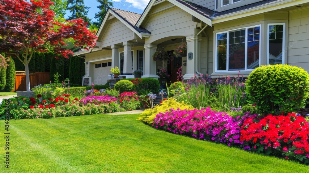 Obraz premium Vibrant New Beginning: Charming House Exterior with Manicured Lawn and Colorful Flowers in a Blossoming Neighborhood