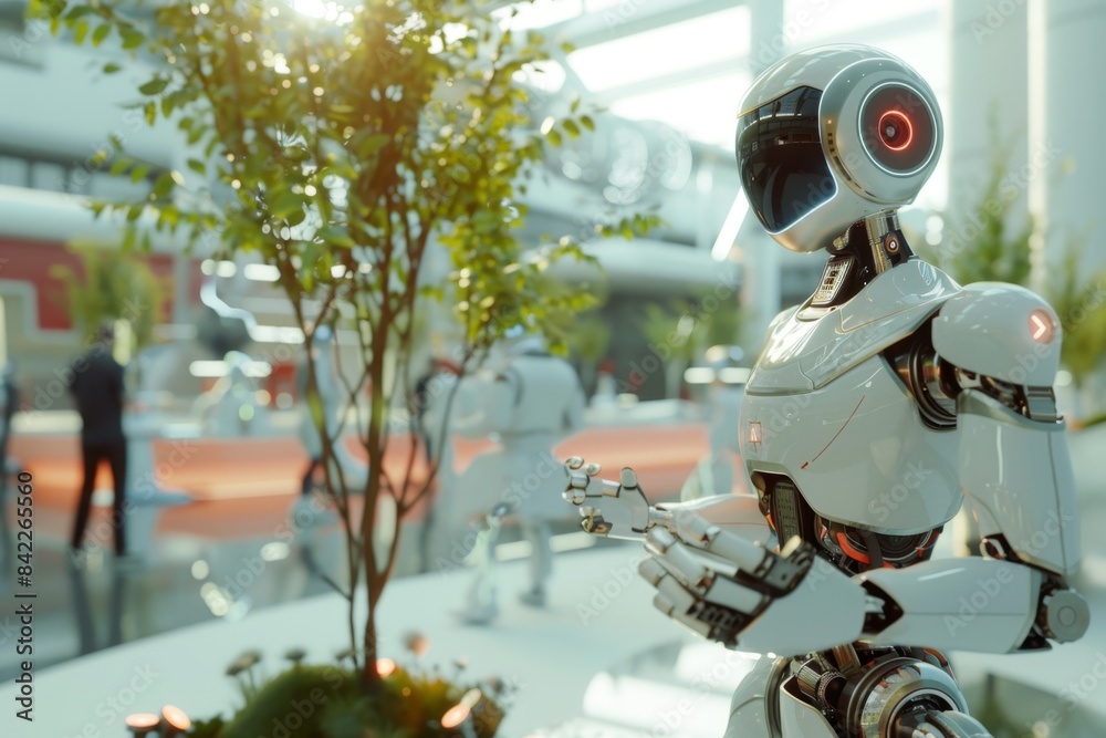 Futuristic 3D-rendered environment populated with advanced robots. Technological innovation concept Futuristic 3D-rendered environment populated with advanced robots. Technological innovation concept