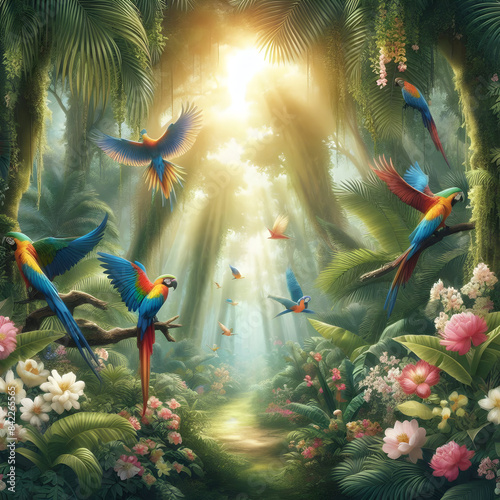 Beautiful Forest with Vibrant Flowers, Parrots and Sunlight,colorful flowers and colorful parrots sitting on the trees with sunshining background.
